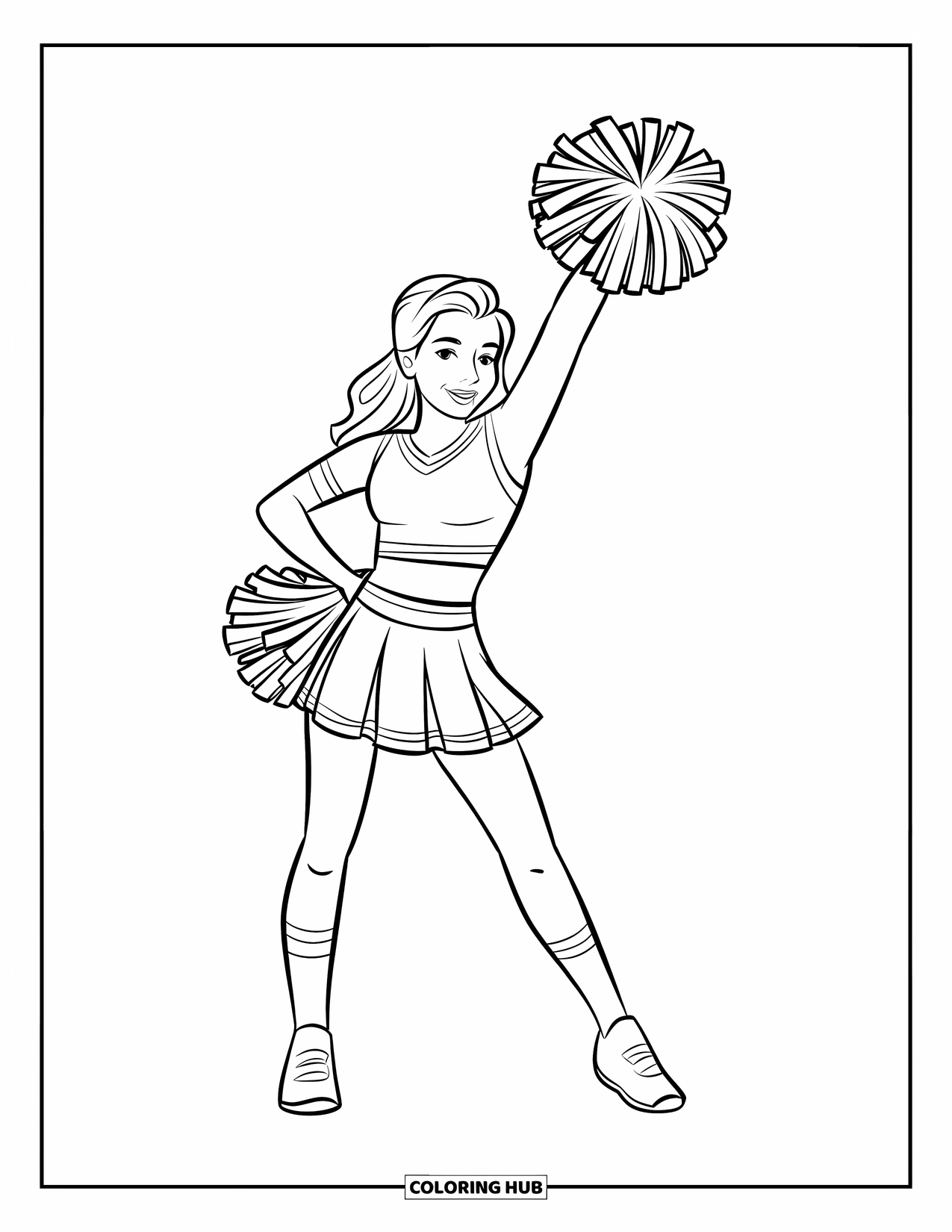 Cheerleader Coloring Page for Kids: Cheerleader poses proudly with one pom-pom and a hand on her hip
