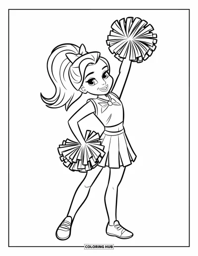 Coloriage de pom-pom girl pour enfants : Une pom-pom girl lève un pompon, bien droite dans sa jupe et son nœud rouge