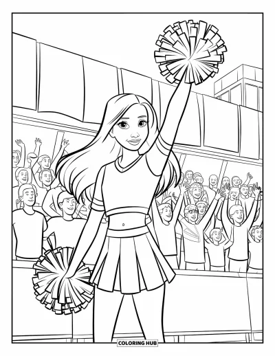 Coloriage de pom-pom girl pour enfants : Une pom-pom girl sourit et agite la main avec des pompons et la foule derrière elle