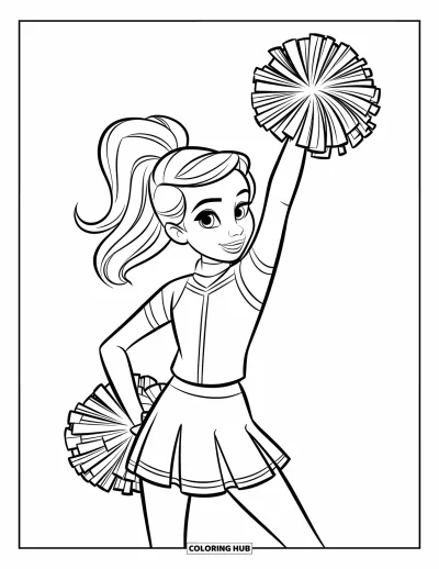 Coloriage de pom-pom girl pour enfants : Une pom-pom girl se tient fièrement avec un pompon levé et une haute queue de cheval