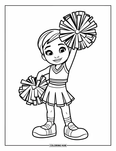 Coloriage de pom-pom girl pour enfants : Une pom-pom girl avec de grandes chaussures et des pompons sourit largement