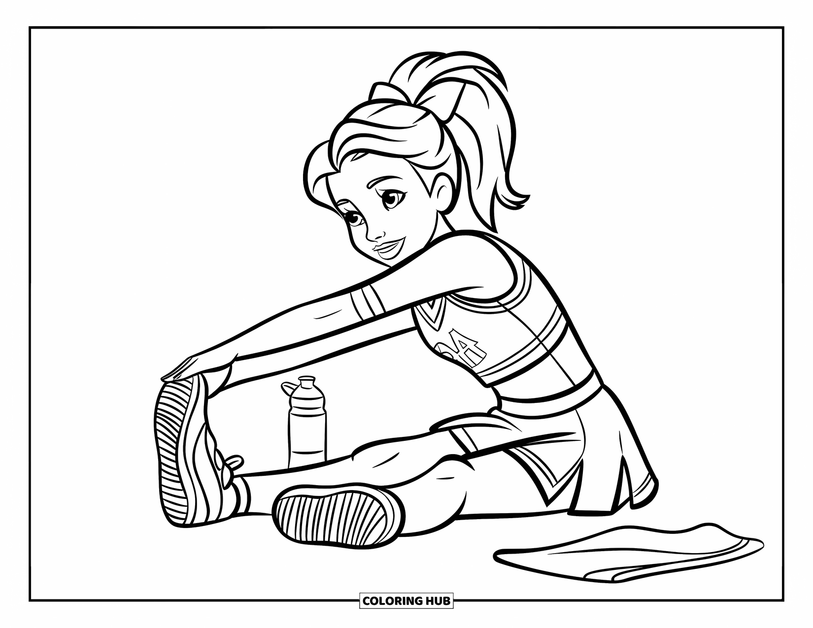 Cheerleader Coloring Page for Kids: Cheerleader stretches legs beside towel and water bottle