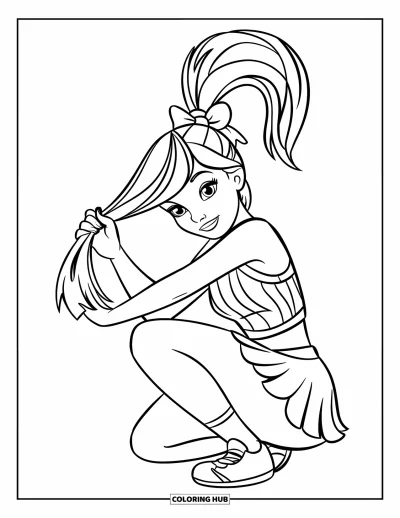 Coloriage de pom-pom girl pour enfants : Une pom-pom girl attache sa queue de cheval avec un nœud, en haut rayé et jupe