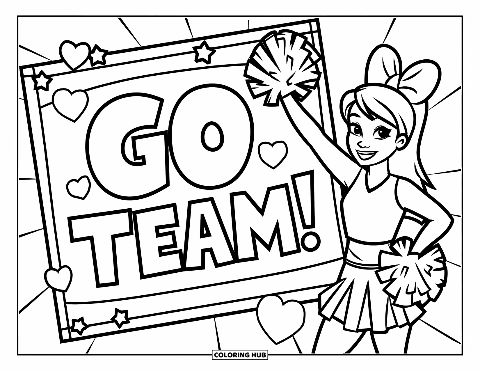 Cheerleader Coloring Page for Kids: Cheerleader waves by a "Go Team!" banner with hearts and stars
