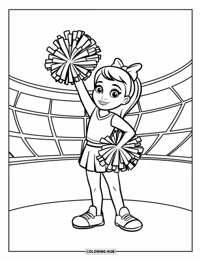 Coloriage de pom-pom girl pour enfants : Une pom-pom girl agite la main depuis une estrade avec un nœud bleu et un grand sourire