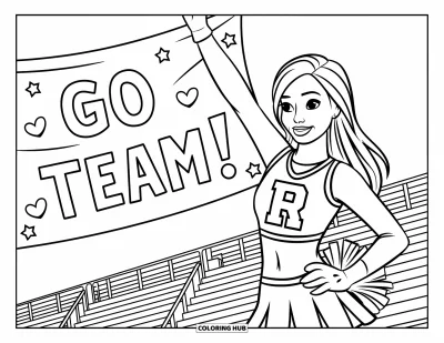 Coloriage de pom-pom girl pour enfants : Une pom-pom girl agite la main près d'une bannière avec des cœurs, des étoiles et des gradins