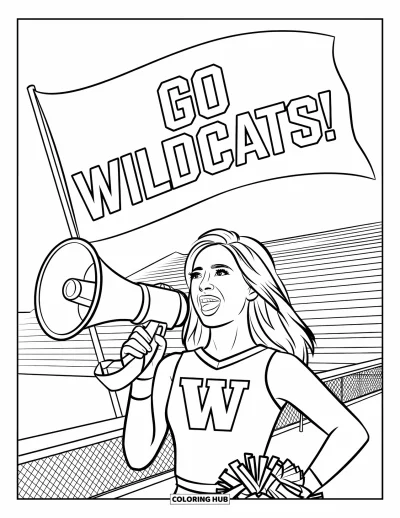 Coloriage de pom-pom girl pour enfants : Une pom-pom girl avec un drapeau « Go Wildcats ! » encourage dans un mégaphone dans un stade