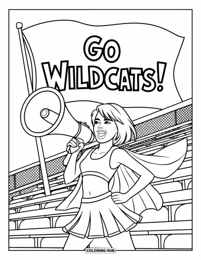 Coloriage de pom-pom girl pour enfants : Une pom-pom girl avec mégaphone et drapeau encourage depuis les gradins du stade