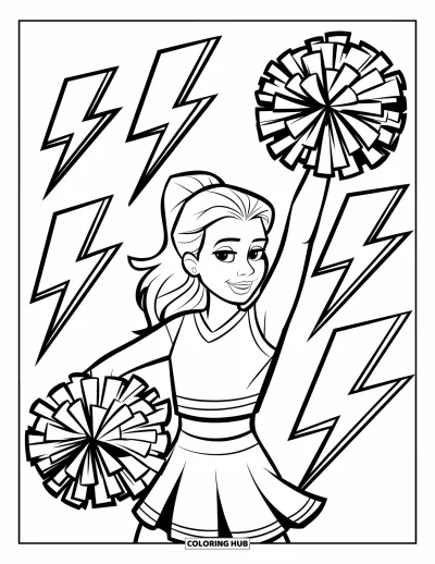 Coloriage de pom-pom girl pour enfants : Une pom-pom girl avec des pompons se tient fièrement devant un décor d'éclairs