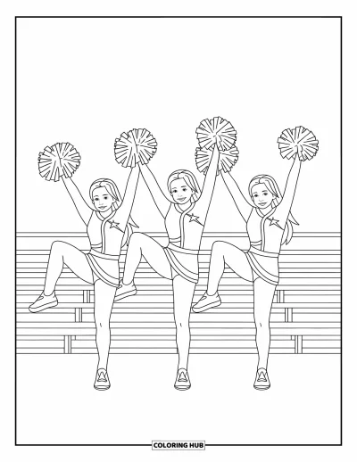 Coloriage de pom-pom girl pour enfants : Des pom-pom girls donnent des coups de jambe et sautent en synchronisation près des gradins