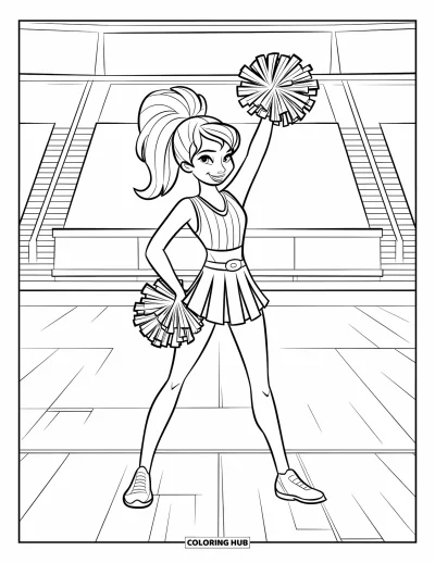 Coloriage de pom-pom girl pour enfants : Une pom-pom girl confiante pose avec un pompon et une tenue rayée dans un stade