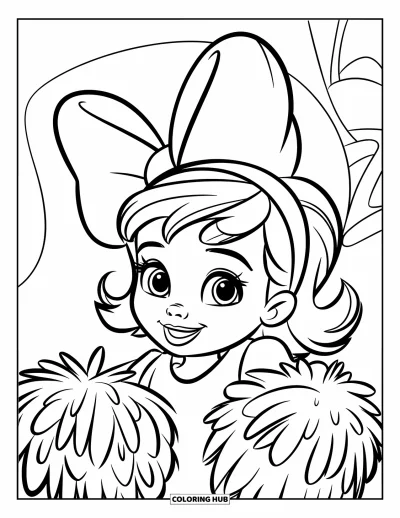 Coloriage de pom-pom girl pour enfants : Une fille heureuse avec un grand nœud tient des pompons et sourit largement