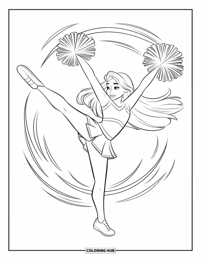 Coloriage de pom-pom girl pour enfants : Une pom-pom girl donne un grand coup de jambe avec des pompons dans une pose dynamique
