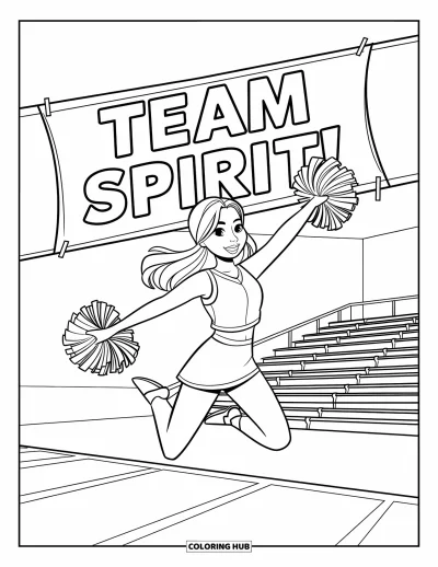Coloriage de pom-pom girl pour enfants : Une pom-pom girl en plein saut avec des pompons sous une grande bannière « Team Spirit ! »