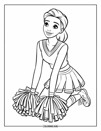 Coloriage de pom-pom girl pour enfants : Une pom-pom girl souriante s'agenouille avec des pompons et une jupe blanche