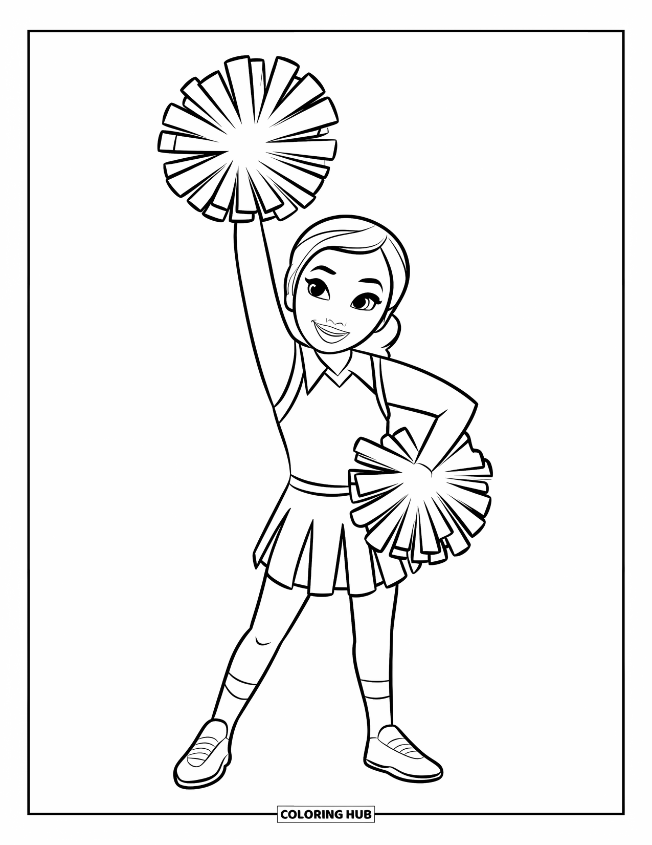 Cheerleader Coloring Page for Kids: Smiling cheerleader stands with pom-pom on stage in a striped outfit