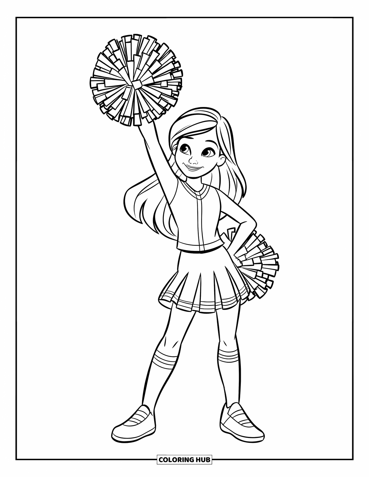 Cheerleader Coloring Page for Kids: Smiling cheerleader with big shoes waves a pom-pom