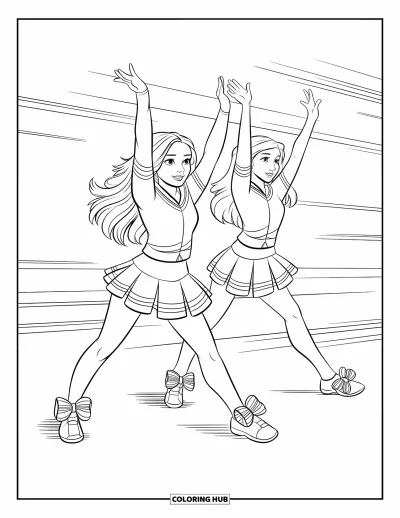Coloriage de pom-pom girl pour enfants : Deux pom-pom girls posent en plein mouvement avec des nœuds et les mains levées