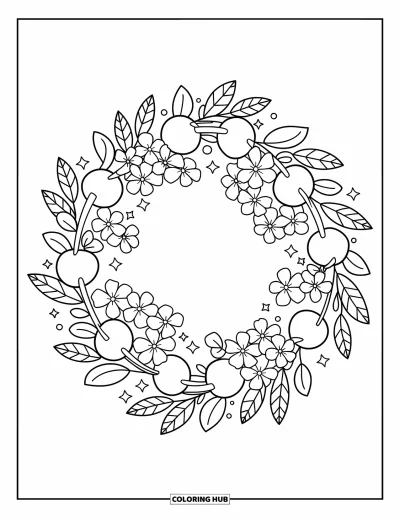Coloriage de cerises pour adultes : Une couronne de fleurs de cerisier et de fruits ornée de rubans, d'étoiles et d'étincelles