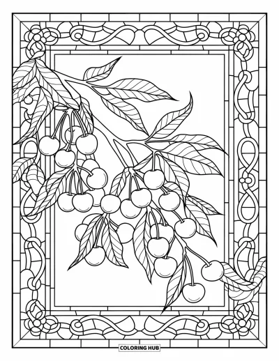 Coloriage de cerises pour adultes : Une branche chargée de cerises encadrée par une bordure style vitrail