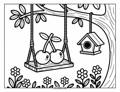 Coloriage de cerises pour adultes : Une paire de cerises sur une balançoire avec une nichoir et des fleurs à proximité
