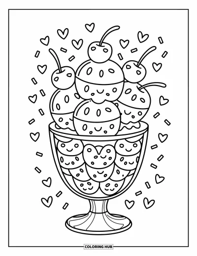Coloriage de cerises pour adultes : Un sundae couronné de cerises entouré de cœurs et de joyeux vermicelles