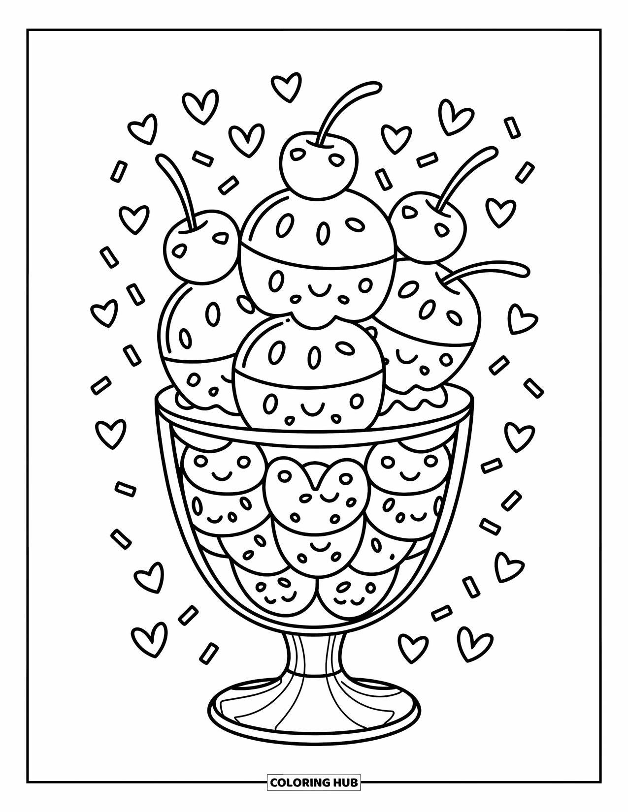 Cherry Coloring Page for Adults: A cherry-topped sundae is surrounded by hearts and playful sprinkles