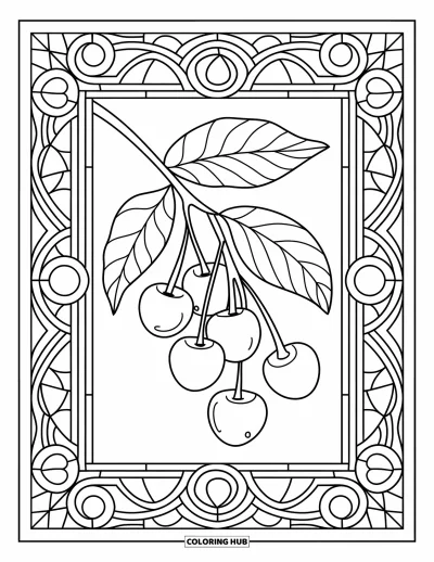 Coloriage de cerises pour adultes : Une branche de cerisier encadrée par un vitrail avec des spirales et des formes décoratives