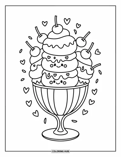 Coloriage de cerises pour adultes : Un adorable sundae avec des boules empilées et des cerises entouré de vermicelles et de cœurs