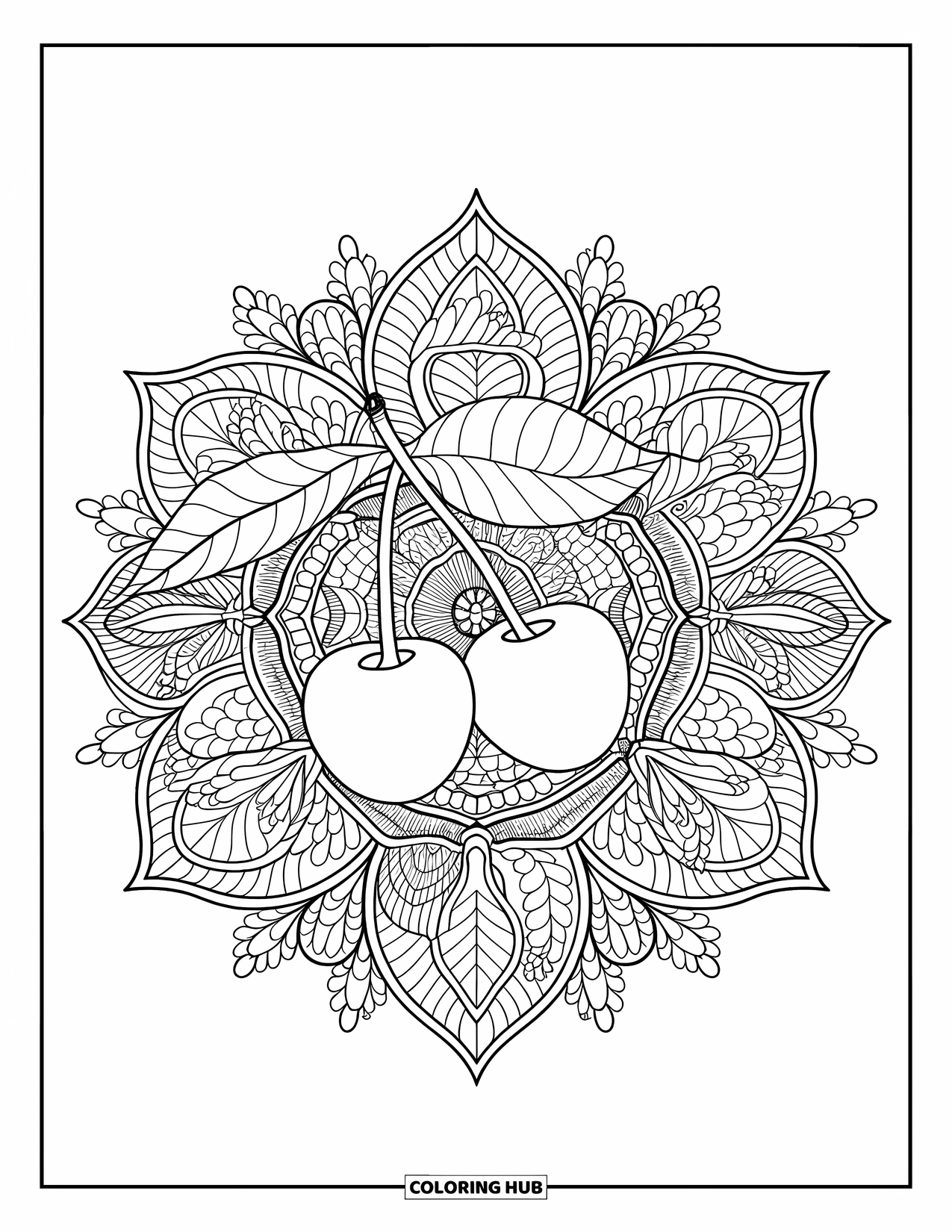 Cherry Coloring Page for Adults: A detailed cherry rests at the heart of a patterned botanical mandala