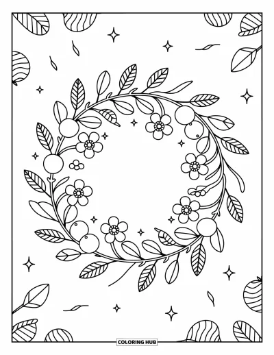 Coloriage de cerises pour adultes : Une couronne florale aux cerises avec des étoiles, des étincelles et de douces courbes dans un style charmant