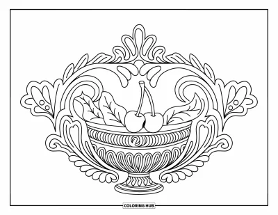 Coloriage de cerises pour adultes : Une cerise unique dans un bol ancien avec de délicats motifs cachemire et des spirales