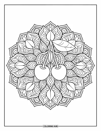 Coloriage de cerises pour adultes : Une cerise unique au centre d'un mandala botanique pleine page