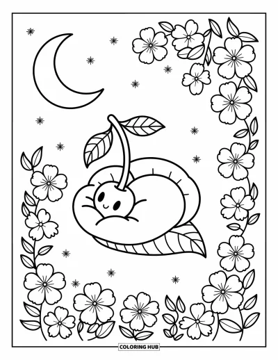 Coloriage de cerises pour adultes : Une petite cerise endormie lovée sur une feuille avec des étoiles scintillantes et des fleurs flottantes