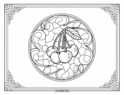 Coloriage de cerises pour adultes : Un vitrail entoure une grappe de cerises avec des bordures et des volutes complexes