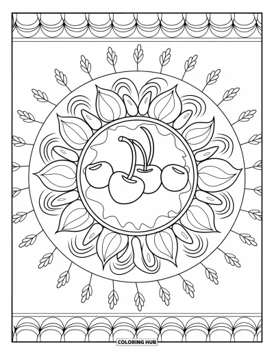 Coloriage de cerises pour adultes : Une tarte sur une assiette encadrée par un mandala de feuilles et de pétales