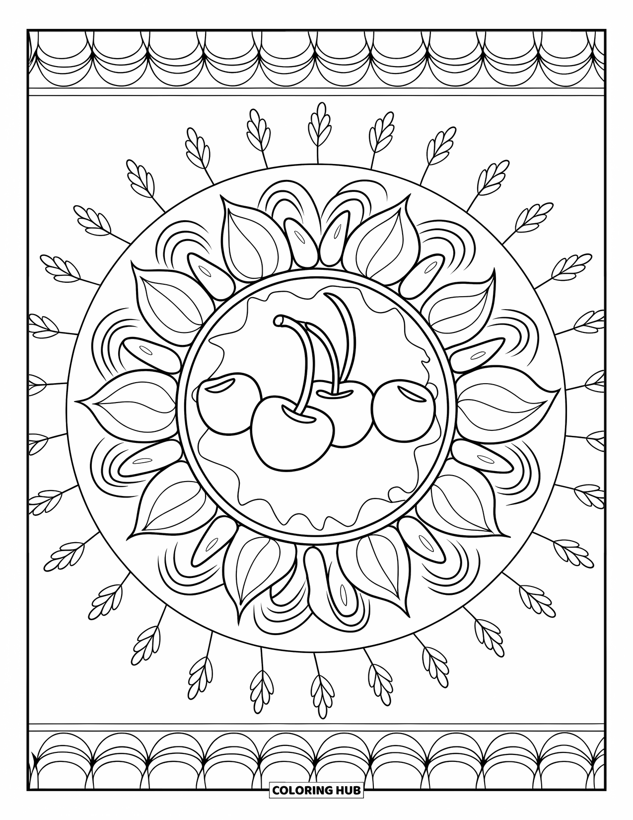Cherry Coloring Page for Adults: A tart on a plate is framed by a mandala of leaves and petals