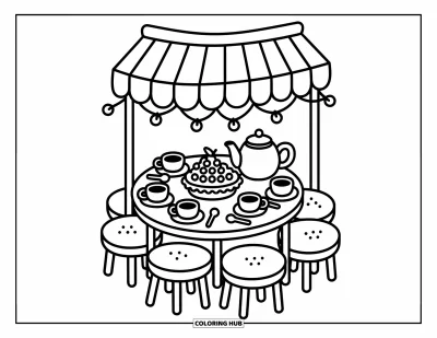 Coloriage de cerises pour adultes : Une petite table dressée avec une tarte aux cerises, des tasses à thé et une théière sous un auvent rayé