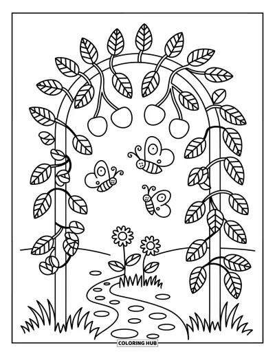 Coloriage de cerises pour adultes : Un treillis couvert de vignes de cerisier au-dessus d'un sentier avec des papillons et des fleurs alentour