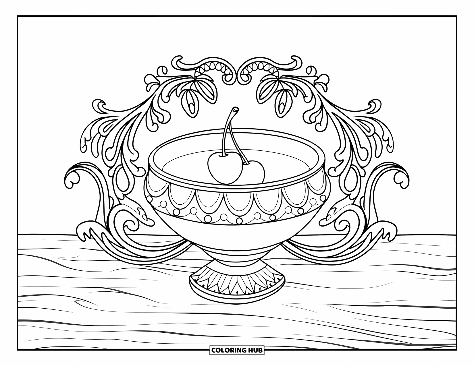 Cherry Coloring Page for Adults: A vintage bowl holds a cherry, surrounded by ornate flourishes and paisley designs