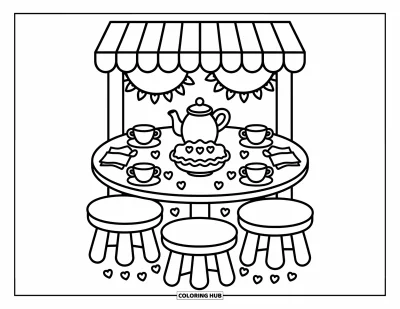 Coloriage de cerises pour adultes : Des cerises et du thé sur une table chaleureuse avec de doux tabourets et des guirlandes suspendues