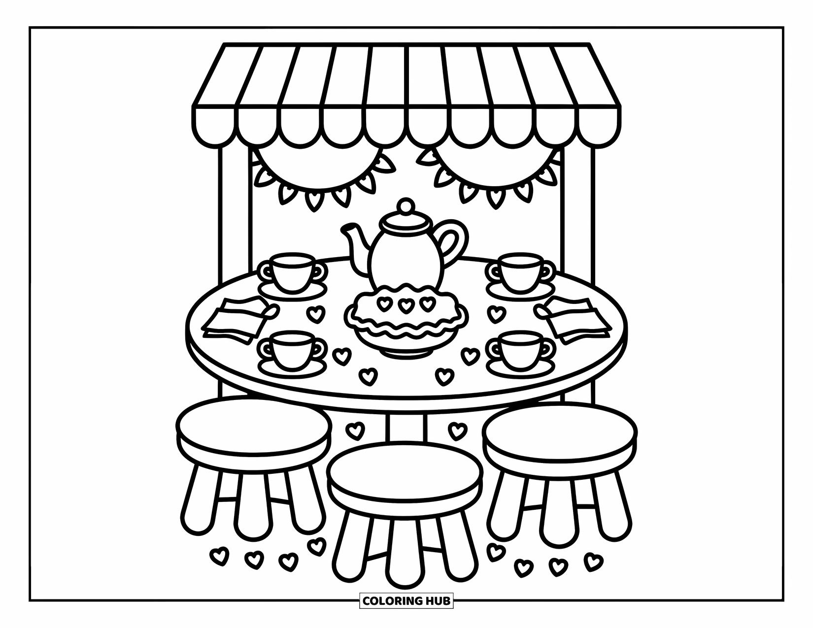 Cherry Coloring Page for Adults: Cherries and tea sit on a cozy table with soft stools and hanging garland