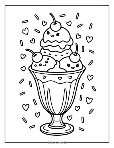 Coloriage de cerises pour adultes : Des cerises couronnent chaque boule d'un sundae avec des cœurs et des vermicelles dispersés