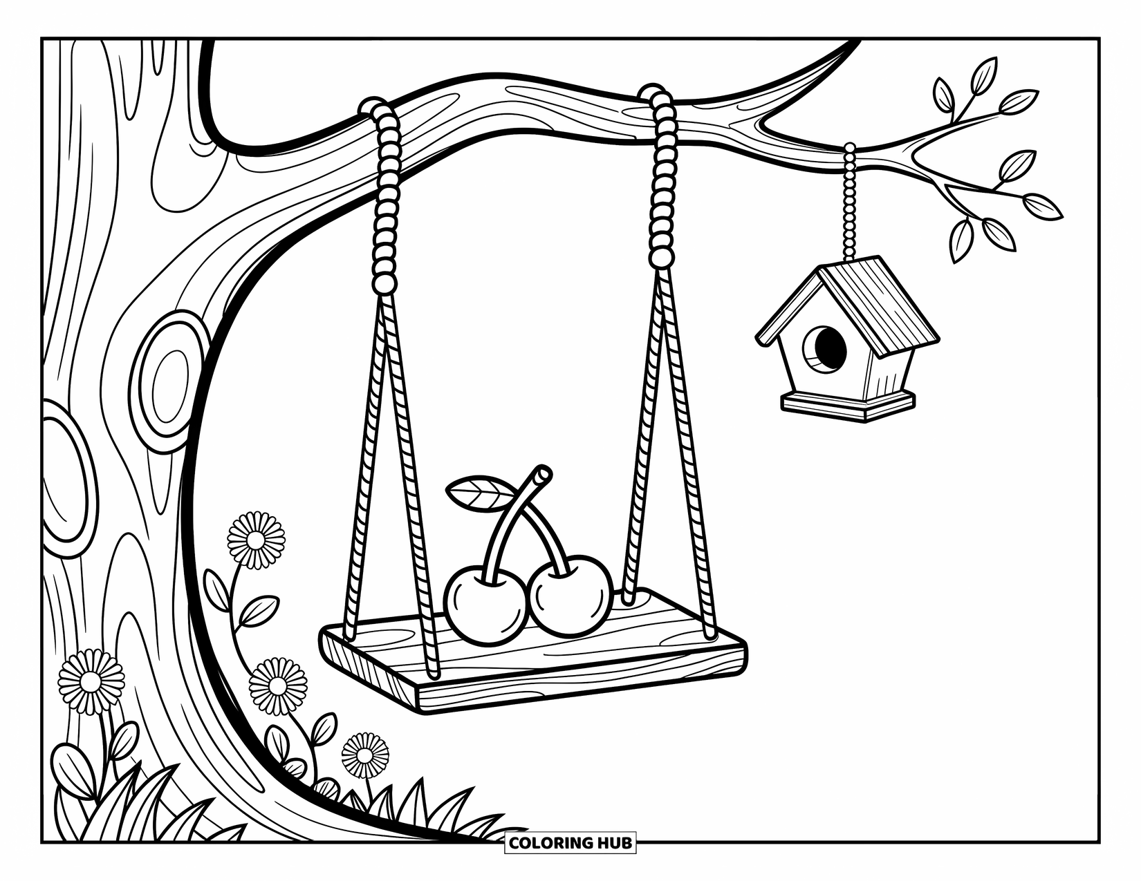 Cherry Coloring Page for Adults: Cherries cuddle on a swing above flowers, with a sweet little birdhouse nearby
