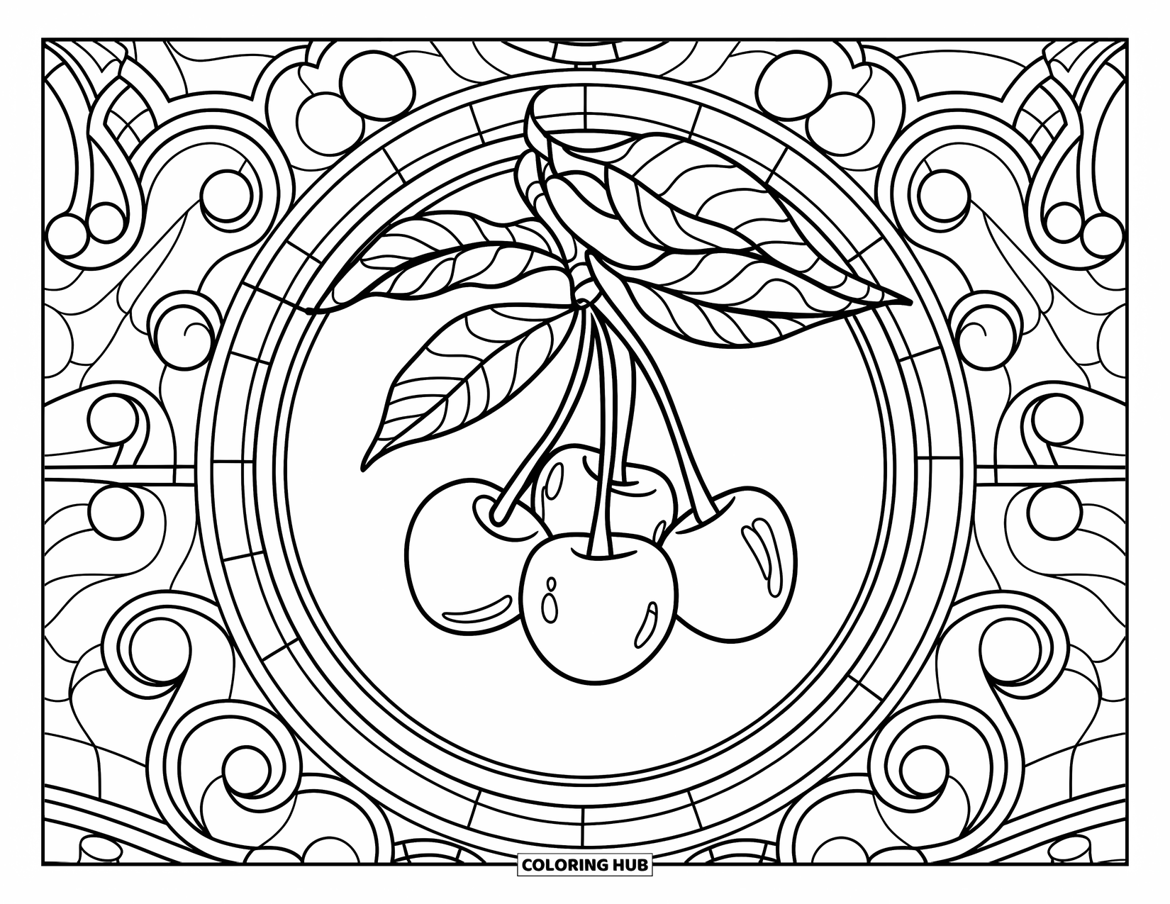 Cherry Coloring Page for Adults: Cherries hang at the center of a swirling stained glass window design