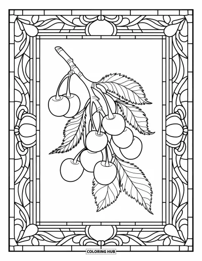 Coloriage de cerises pour adultes : Des cerises accrochées à une branche dans un cadre de vitrail fleuri