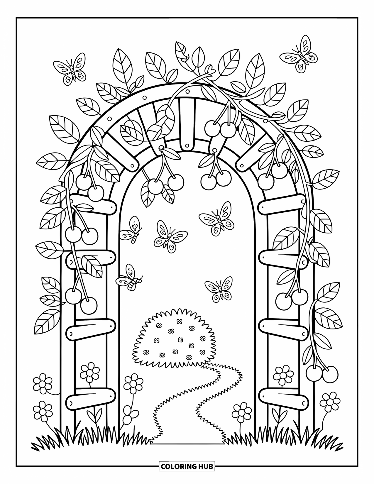 Cherry Coloring Page for Adults: Cherries hang from a vine-covered trellis with playful bees and a flower path below