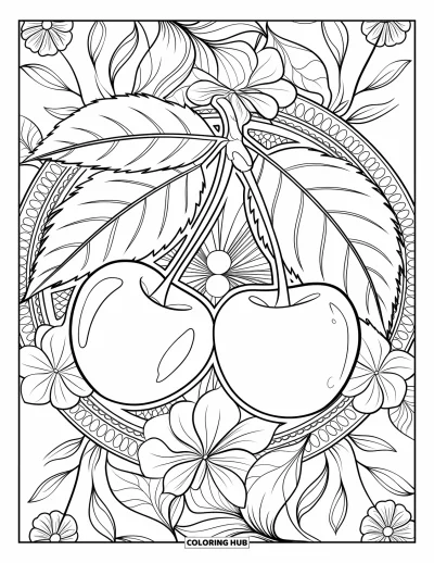 Coloriage de cerises pour adultes : Des cerises sur une branche entourées de fleurs détaillées, de vignes et de feuilles ornementales