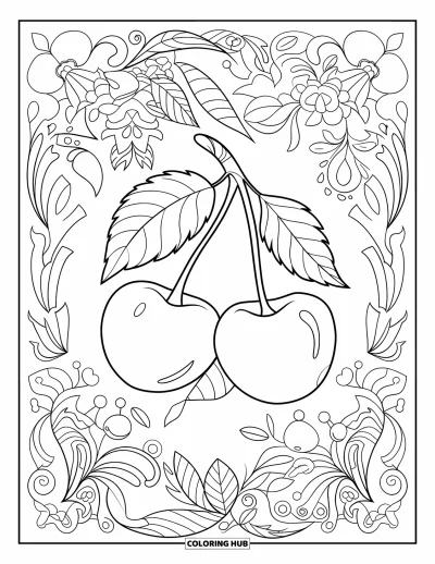 Coloriage de cerises pour adultes : Des cerises sur une branche feuillue entourées de fleurs, de cœurs et de volutes