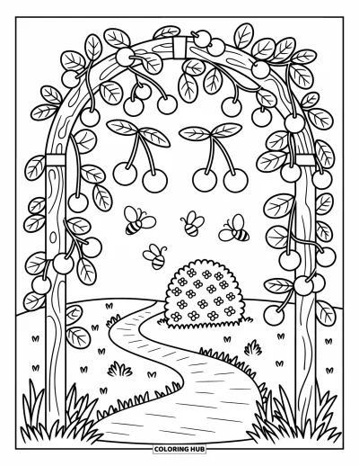 Coloriage de cerises pour adultes : Des vignes de cerisier s'enroulent autour d'un treillis de jardin avec des papillons, des abeilles et un sentier sinueux